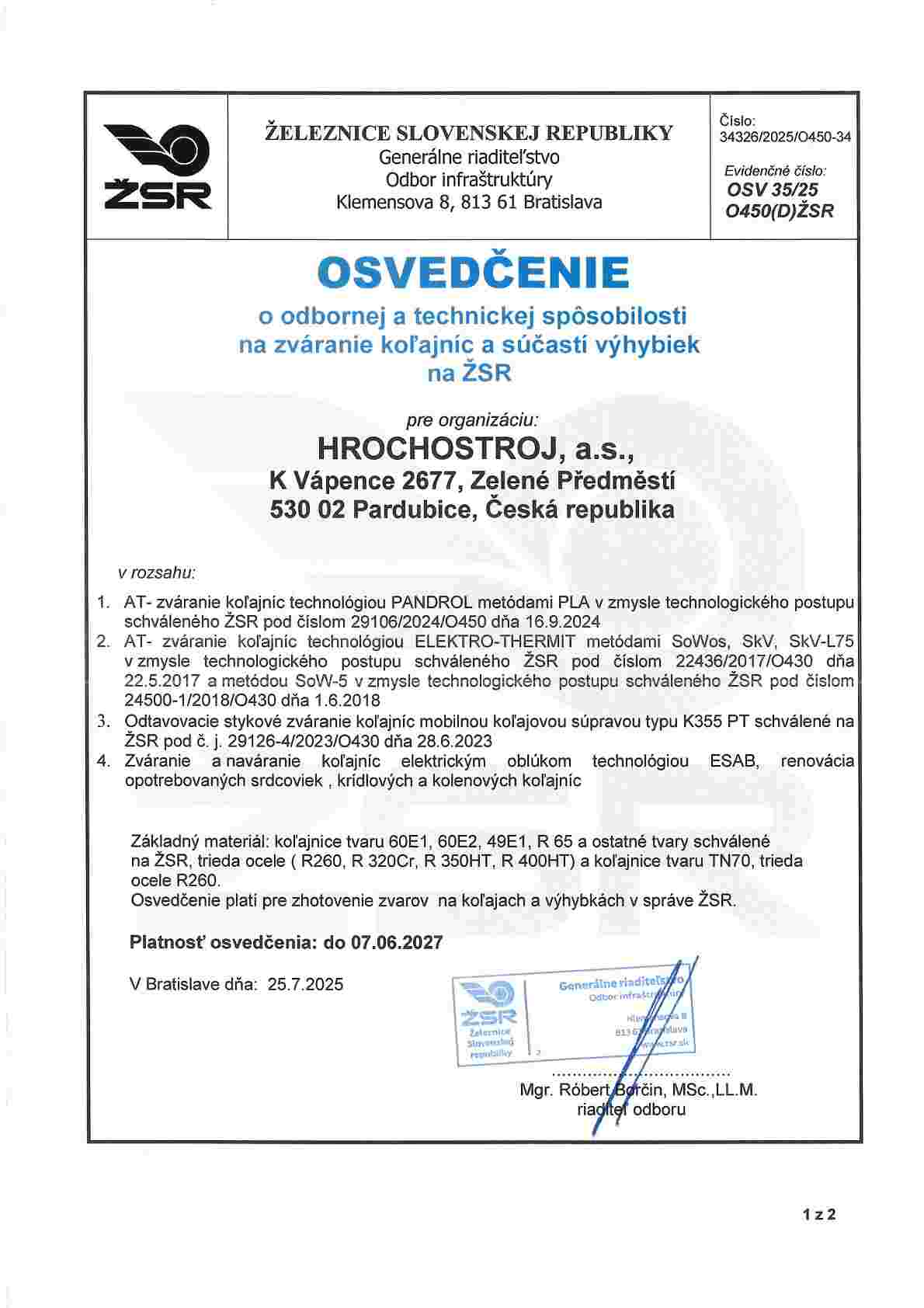 Osvědčení O Technické Způsobilosti Ke Svařování Kolejnic A Součástí Výhybek Na ŽSR 2027 1