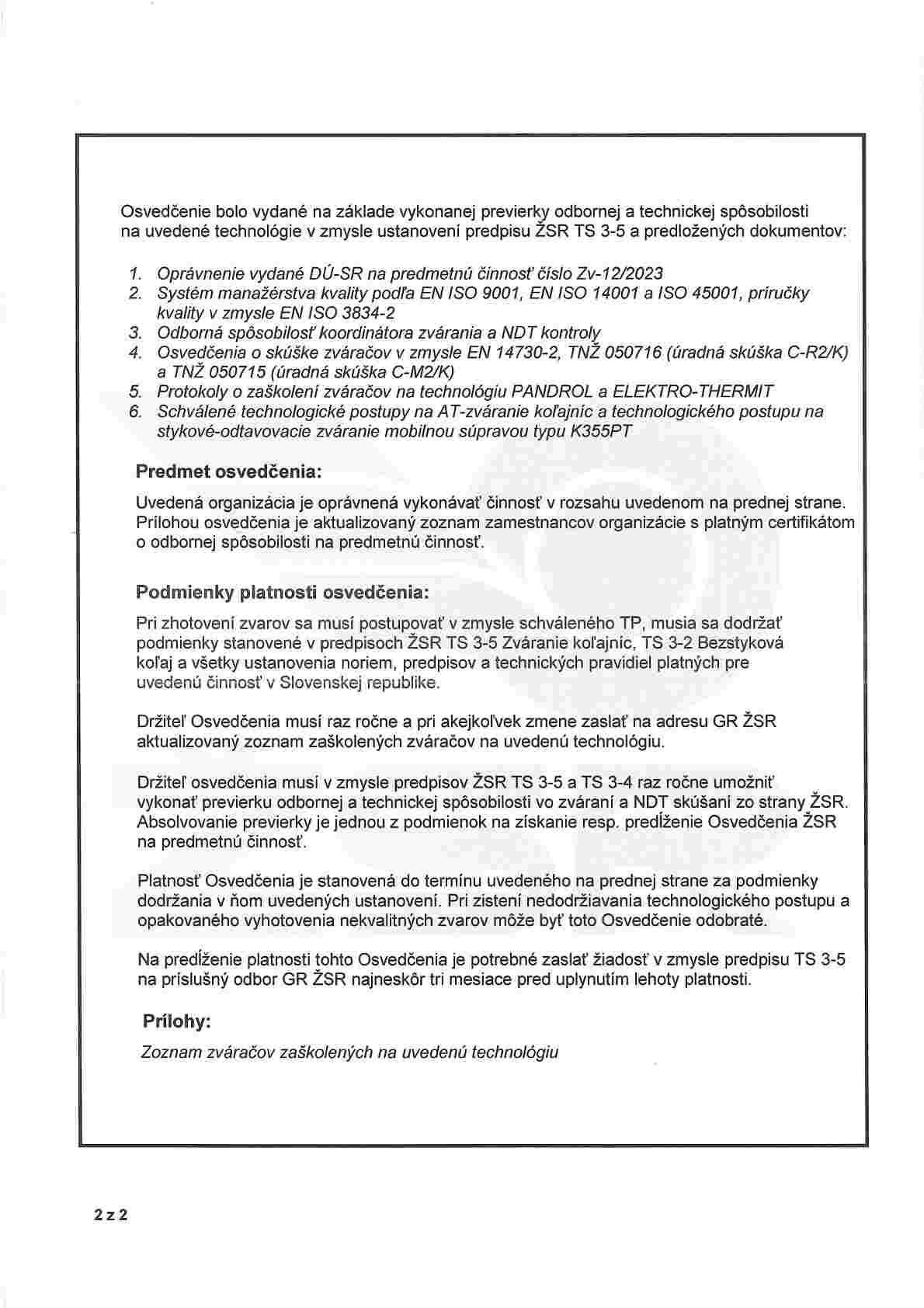 Osvědčení O Technické Způsobilosti Ke Svařování Kolejnic A Součástí Výhybek Na ŽSR 2027 2